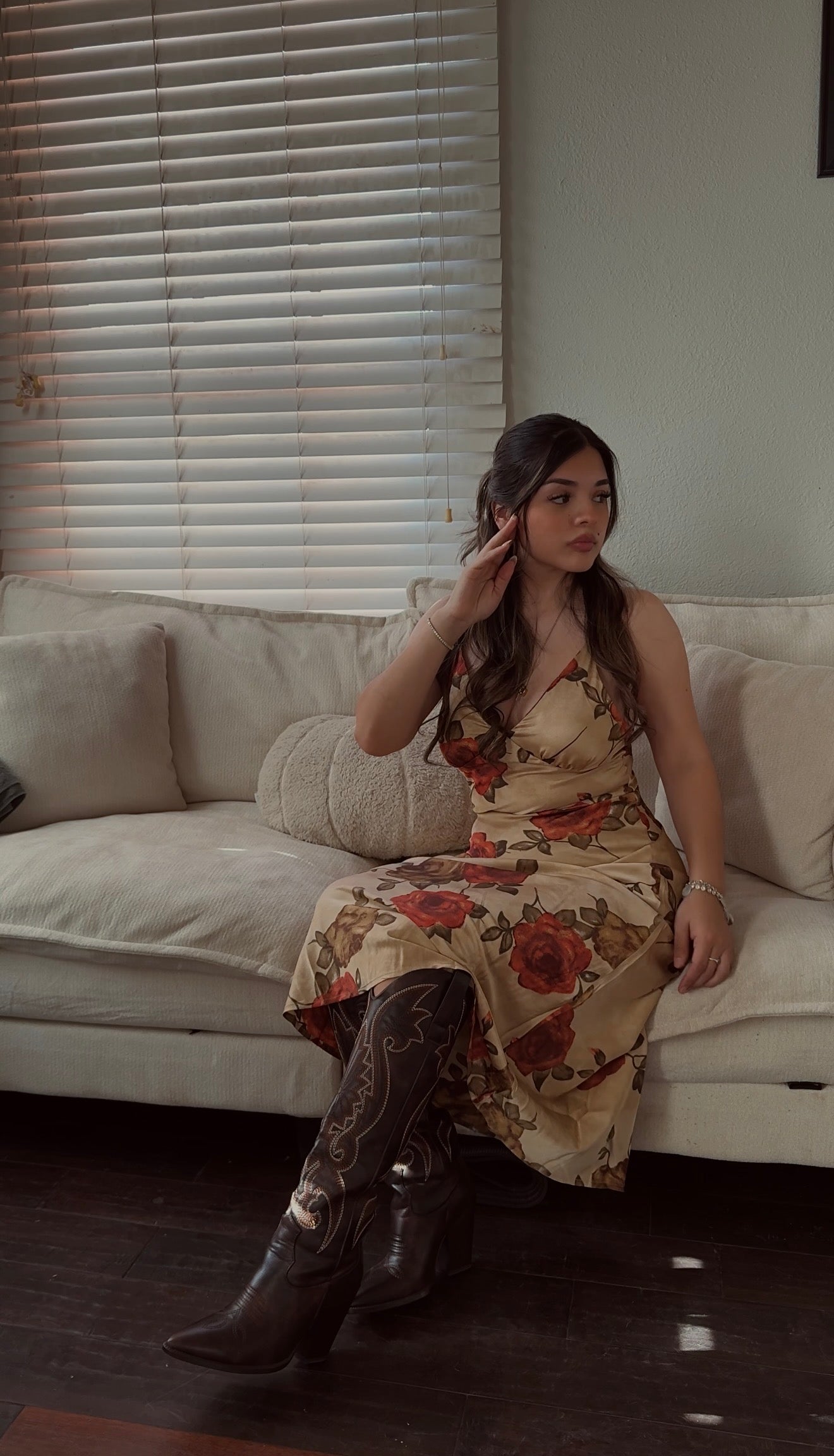 Floral satin midi slip dress