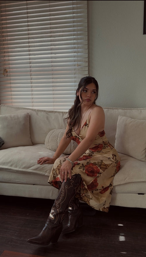 Floral satin midi slip dress